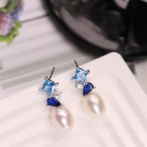 Elegant Blue and Pearl Drop Earrings